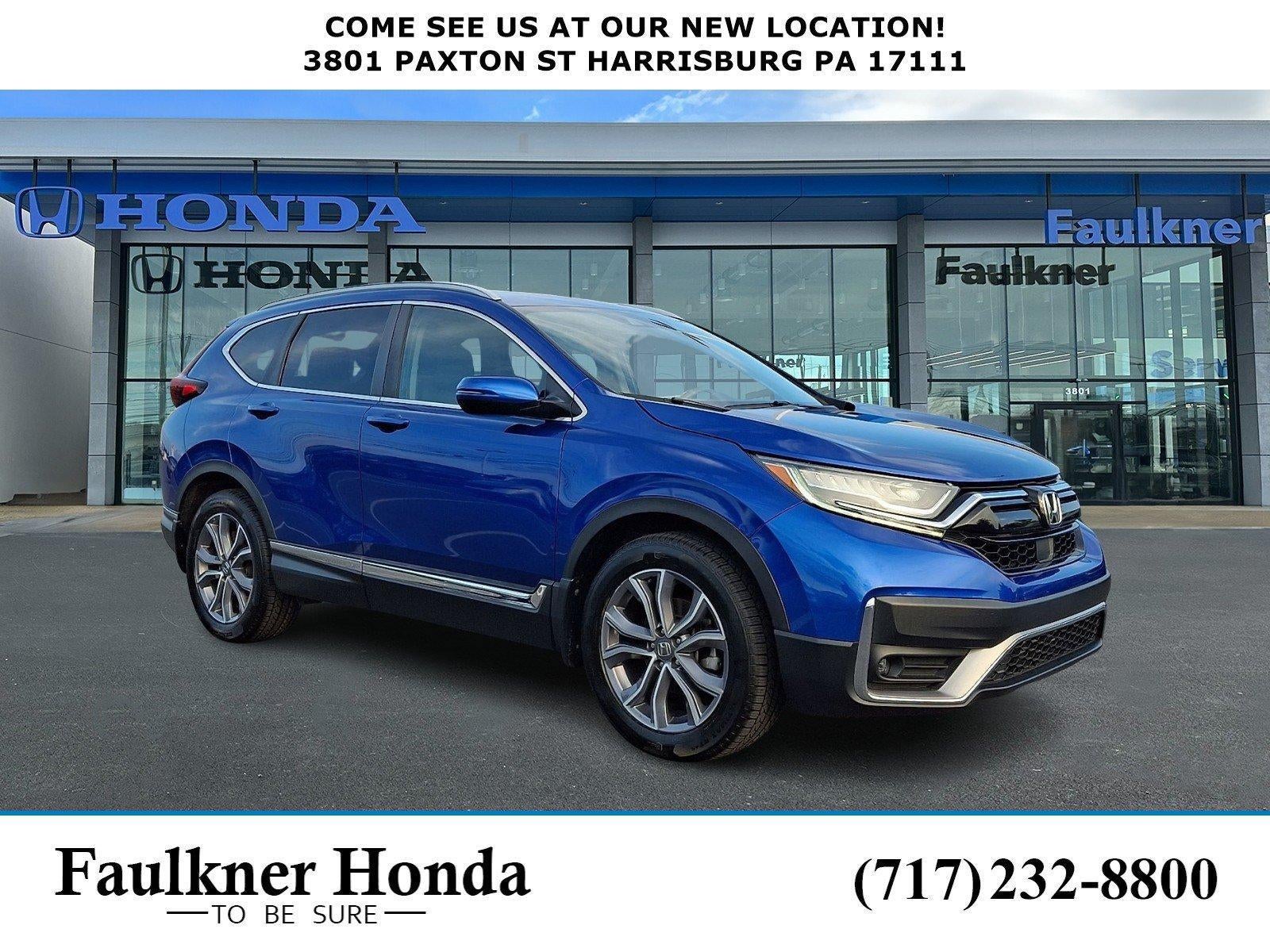 2022 Honda CR-V Touring AWD in Aegean Blue Metallic — front three-quarter view