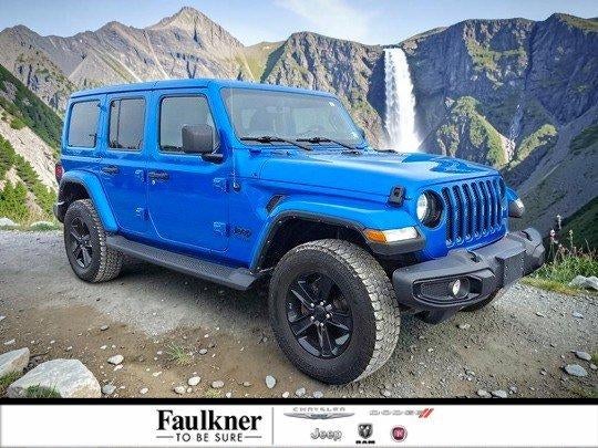 2021 Jeep Wrangler Unlimited Sahara Altitude 4x4 in Hydro Blue Pearlcoat — front three-quarter view