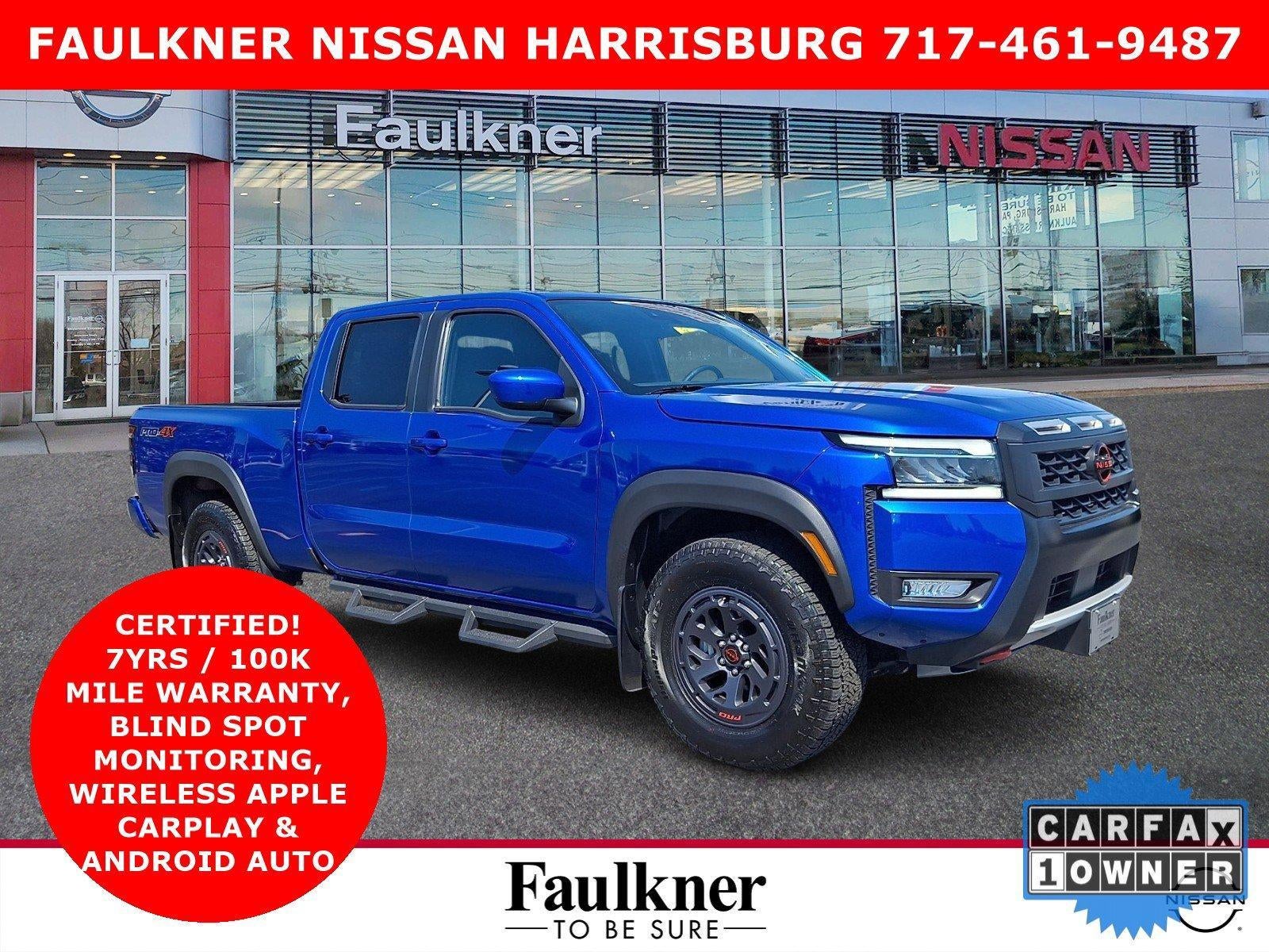 2025 Nissan Frontier Crew Cab PRO-4X Long Bed in Bluestone Pearl — front three-quarter view