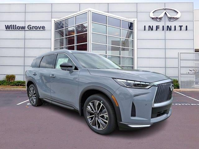 2027 INFINITI QX60 LUXE AWD in Harbor Gray — front three-quarter view